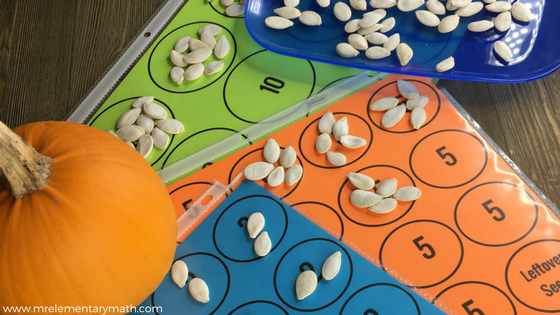 Pumpkin Math - count pumpkin seeds using grouping mats
